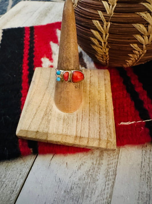 Handcrafted Coral, Turquoise & Sterling Silver Inlay Ring Size 7