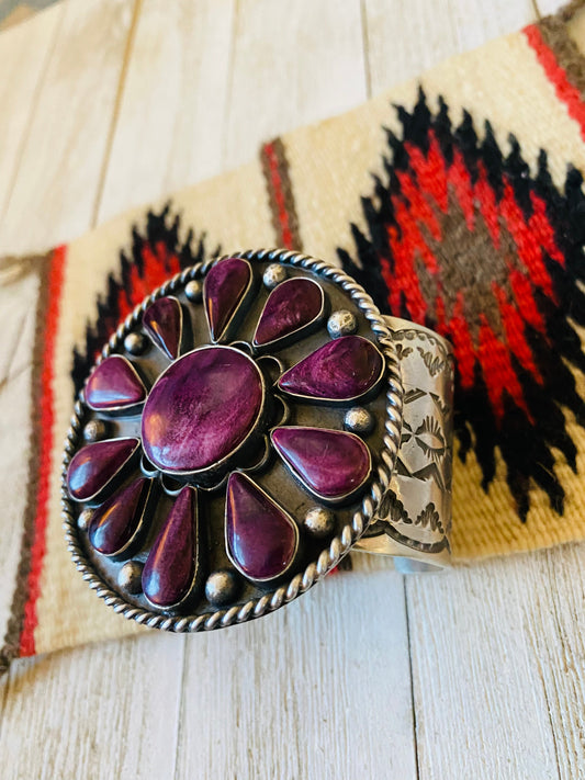 Handcrafted Sterling Silver & Purple Spiny Cuff Bracelet Signed