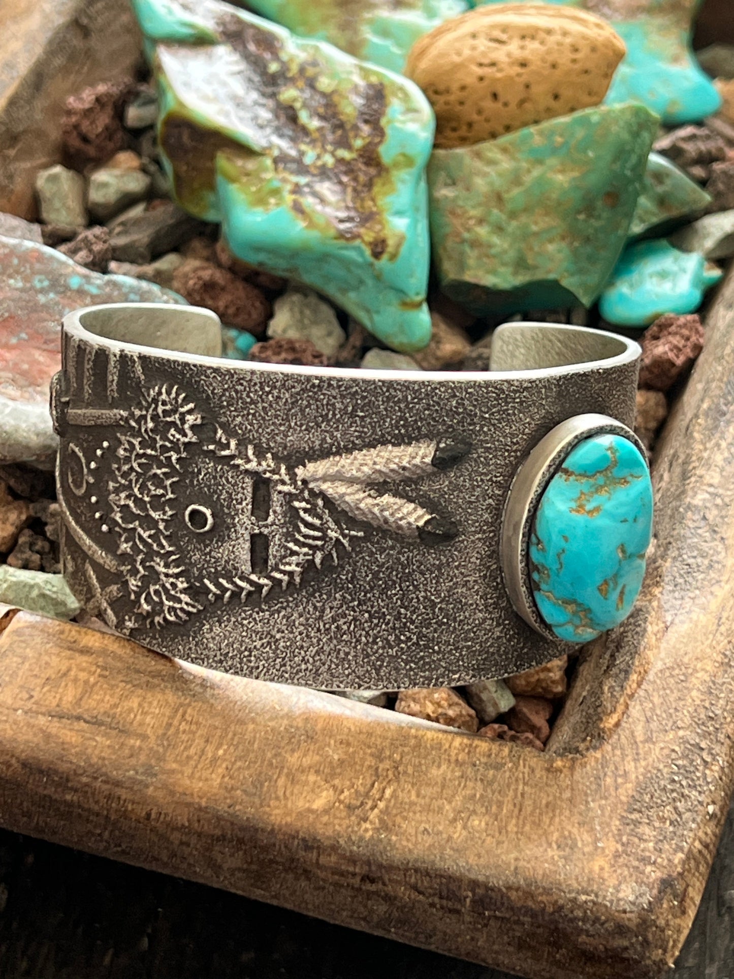 Handcrafted Tufa Cast Sterling Mudhead Cuff Bracelet with Kingman Turquoise by Lee Begay