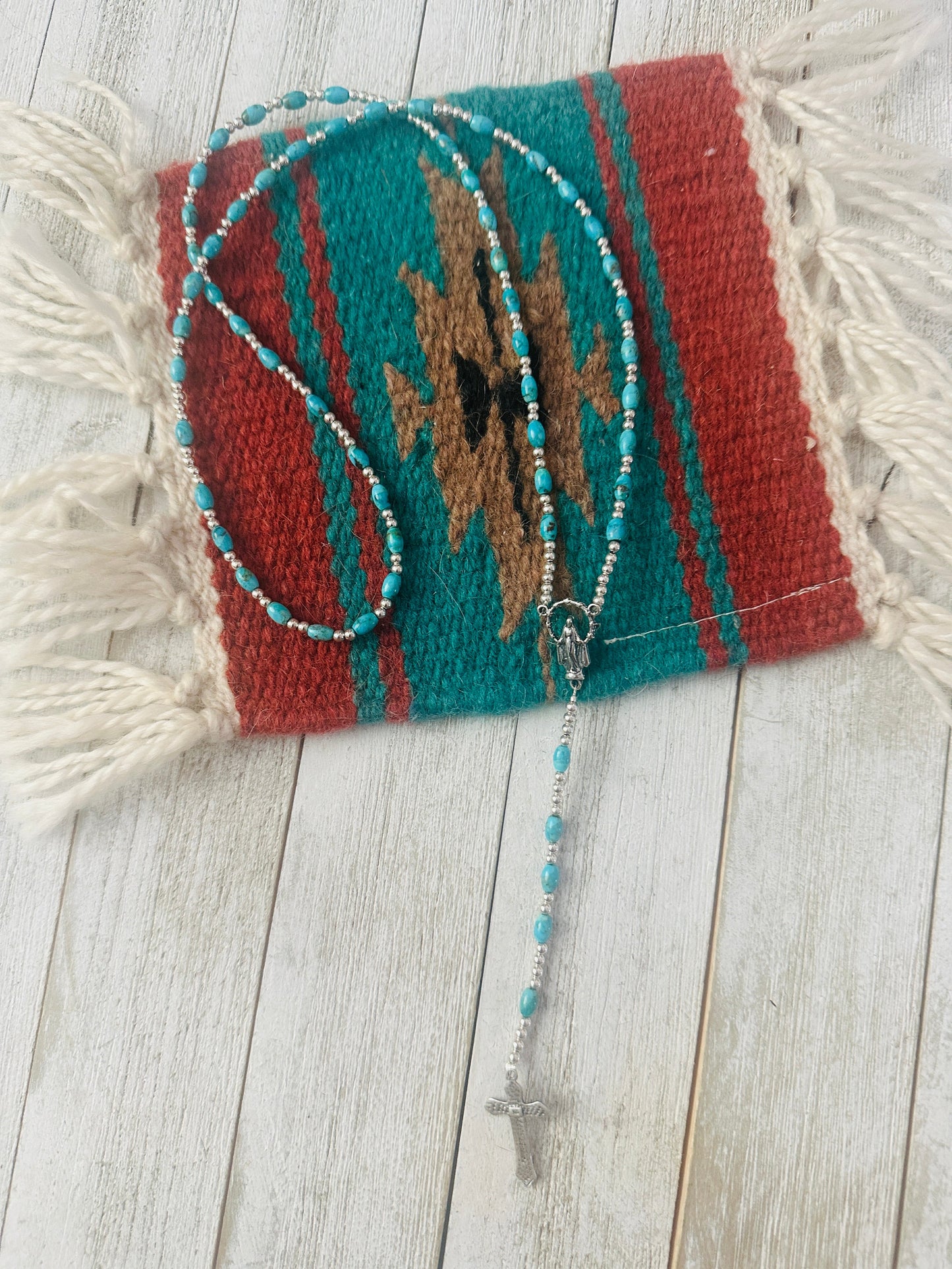 Handcrafted Turquoise & Sterling Silver Beaded Rosary Necklace