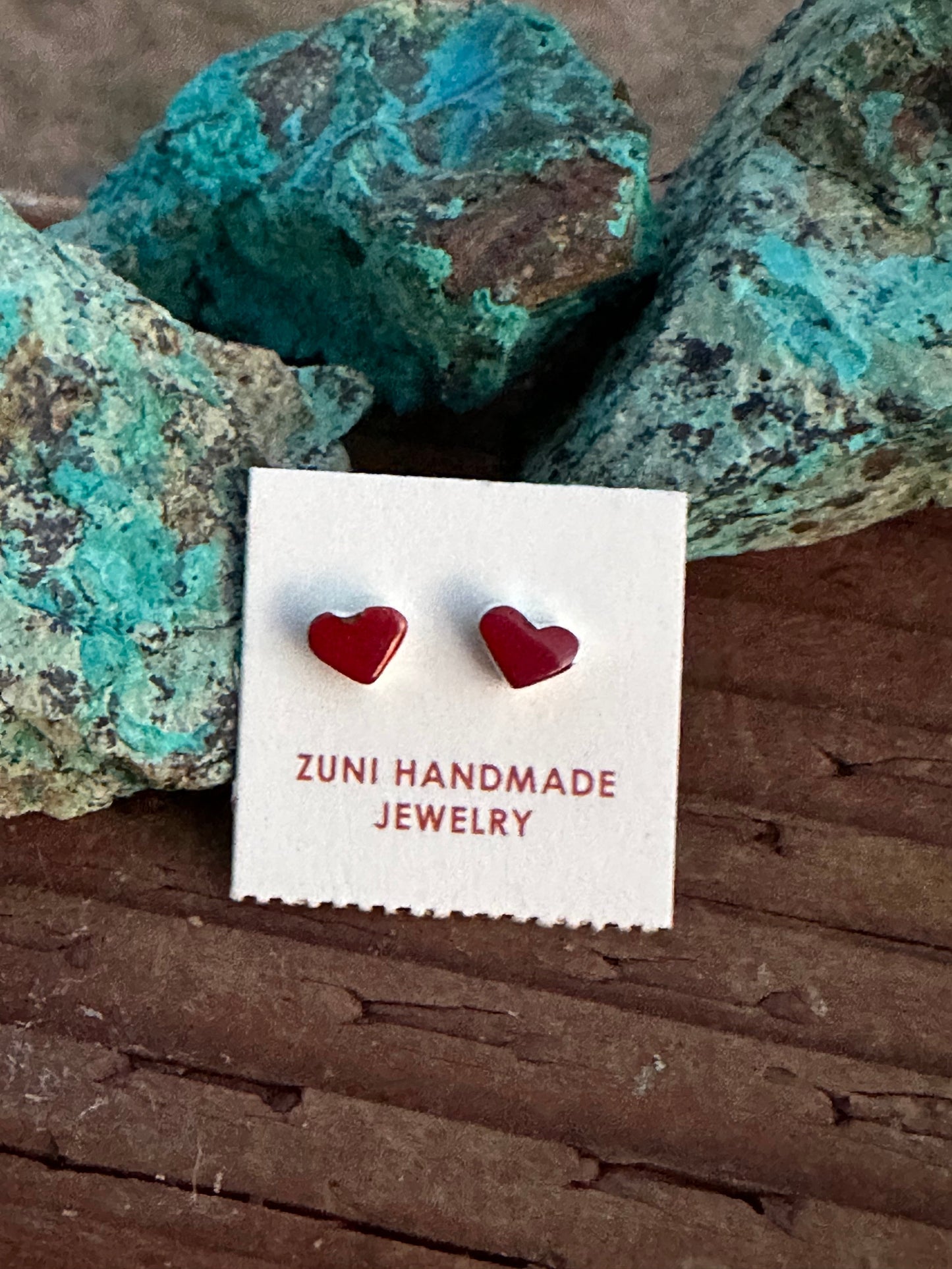 Handcrafted Red Coral & Sterling Silver Heart Stud Earrings