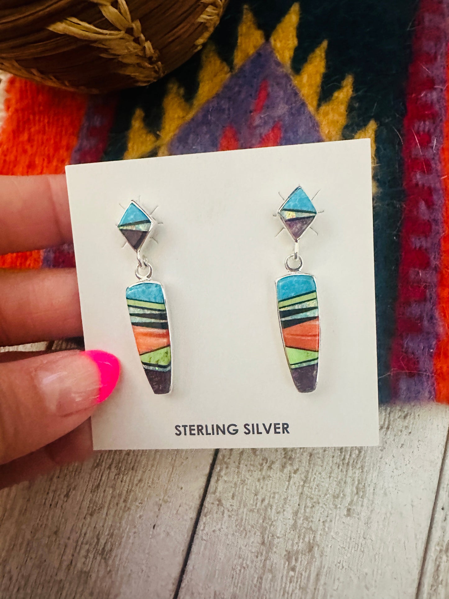 Handcrafted Multi Stone & Sterling Silver Inlay Dangle Earrings