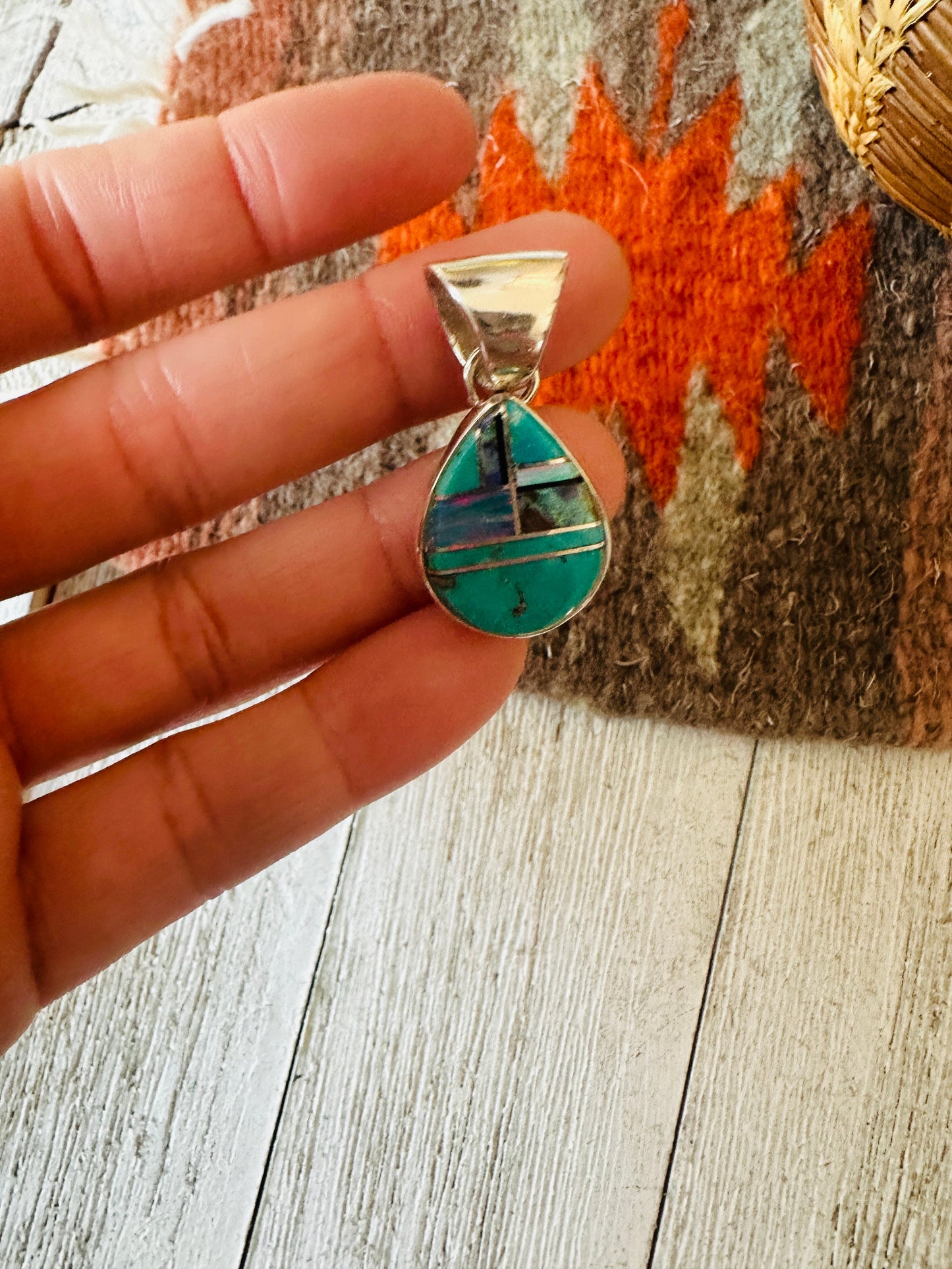 Handcrafted Multi Stone & Sterling Silver Inlay Teardrop Pendant