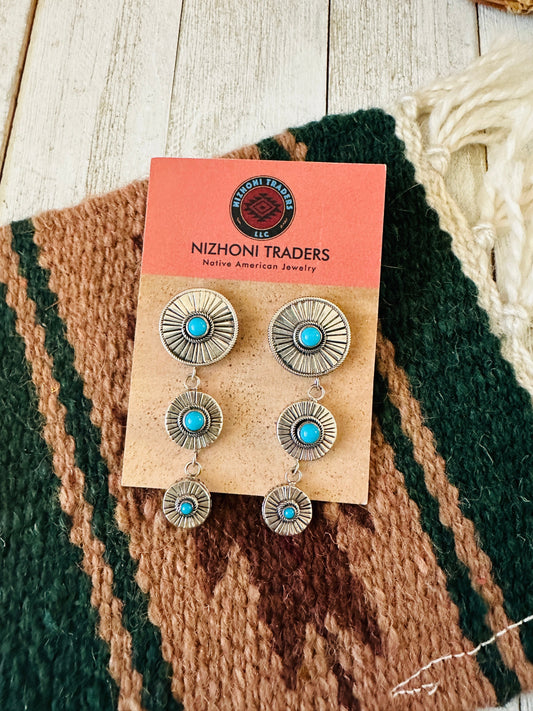 Handcrafted Hand Stamped Sterling Silver & Turquoise Concho Dangle Earrings