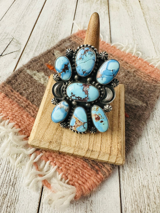 Handcrafted Golden Hills Turquoise & Sterling Silver Cluster Ring Size 9.5