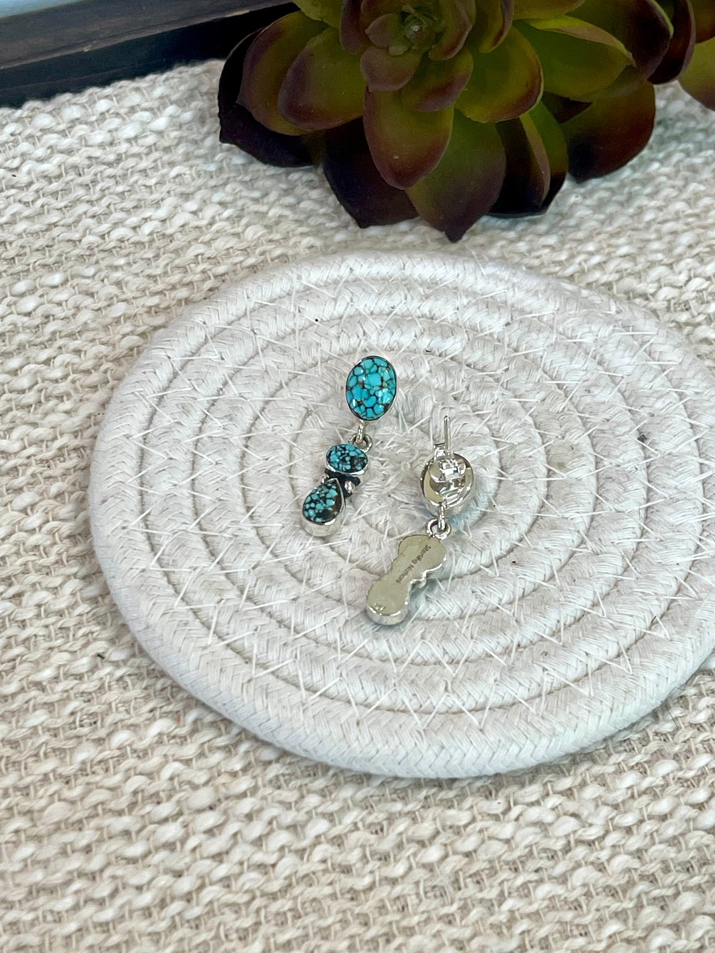 Handmade Sterling Silver Number 8 Turquoise Post Dangle Earrings Signed Nizhoni