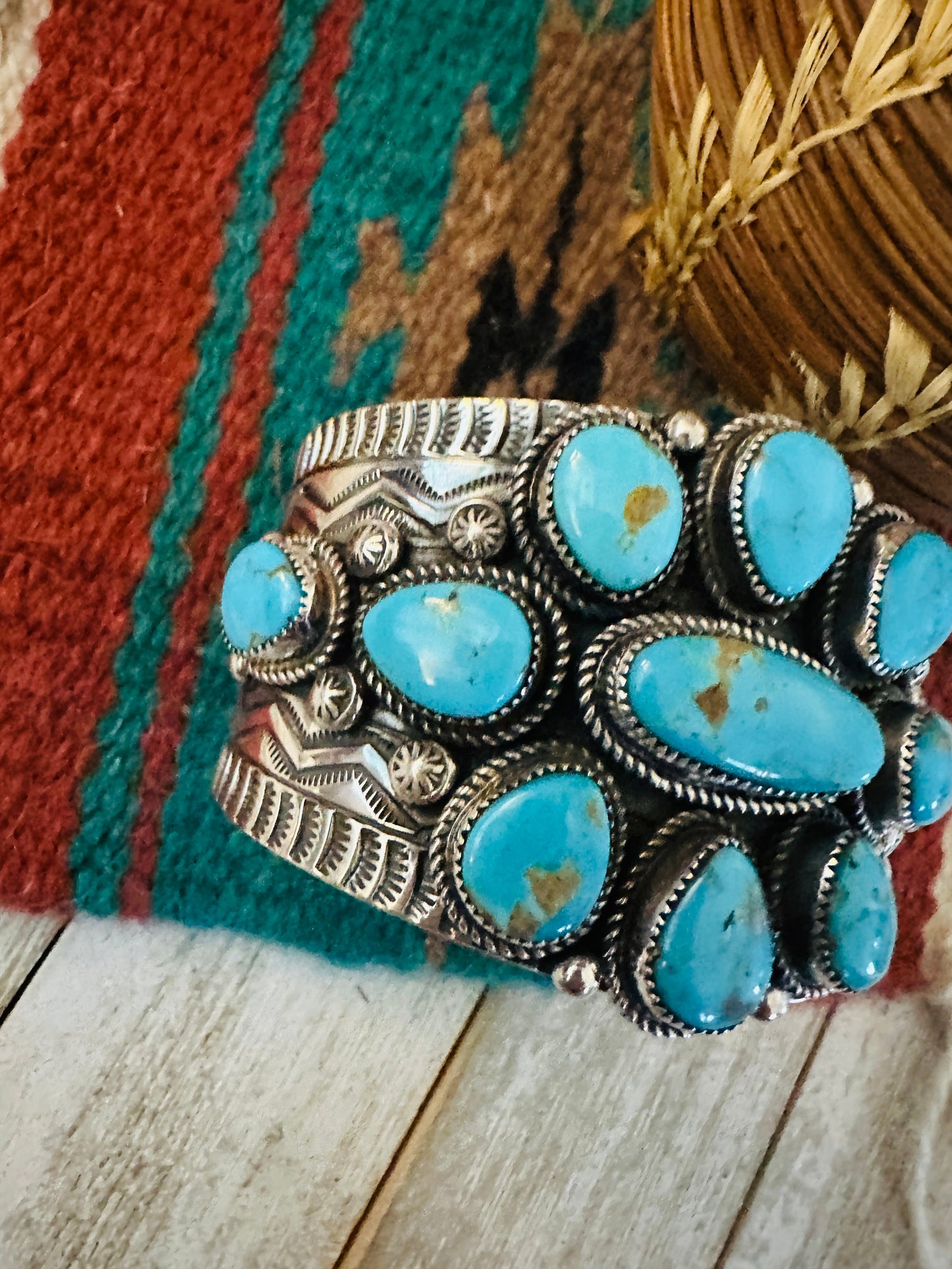 Kingman Turquoise & Sterling Silver Cluster Cuff Bracelet /