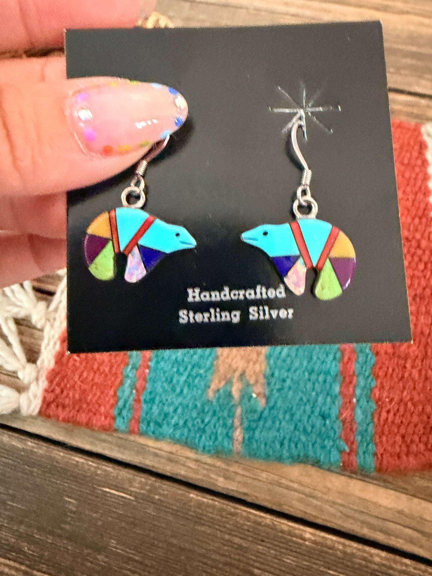 Handcrafted Multi Stone & Sterling Silver Inlay Fetish Bear Dangle Earrings