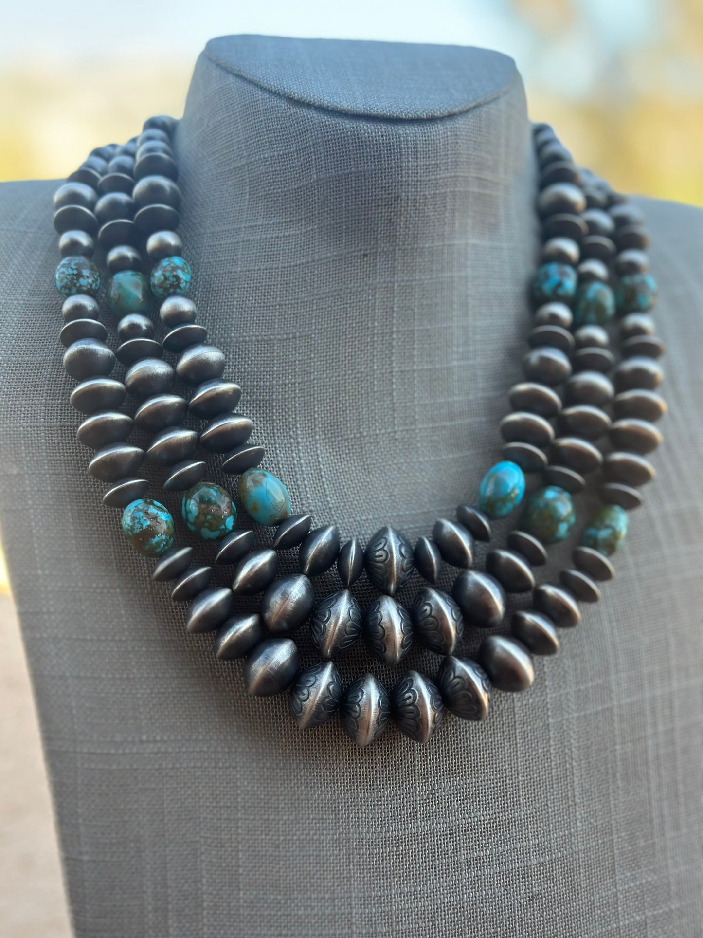 Rose Martin Sterling Silver & Kingman Turquoise Three Strand Necklace