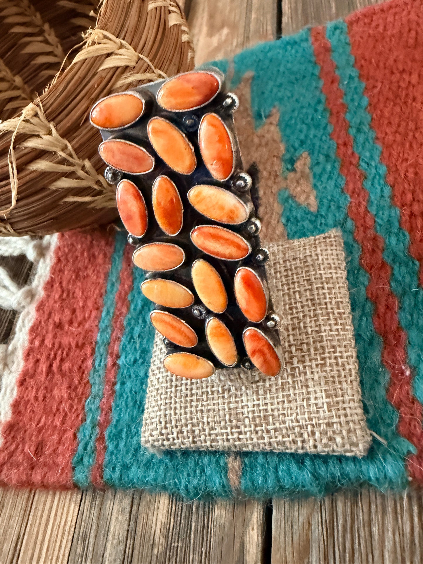 Handcrafted Orange Spiny Oyster & Sterling Silver Cluster Adjustable Ring by Jacqueline Silver