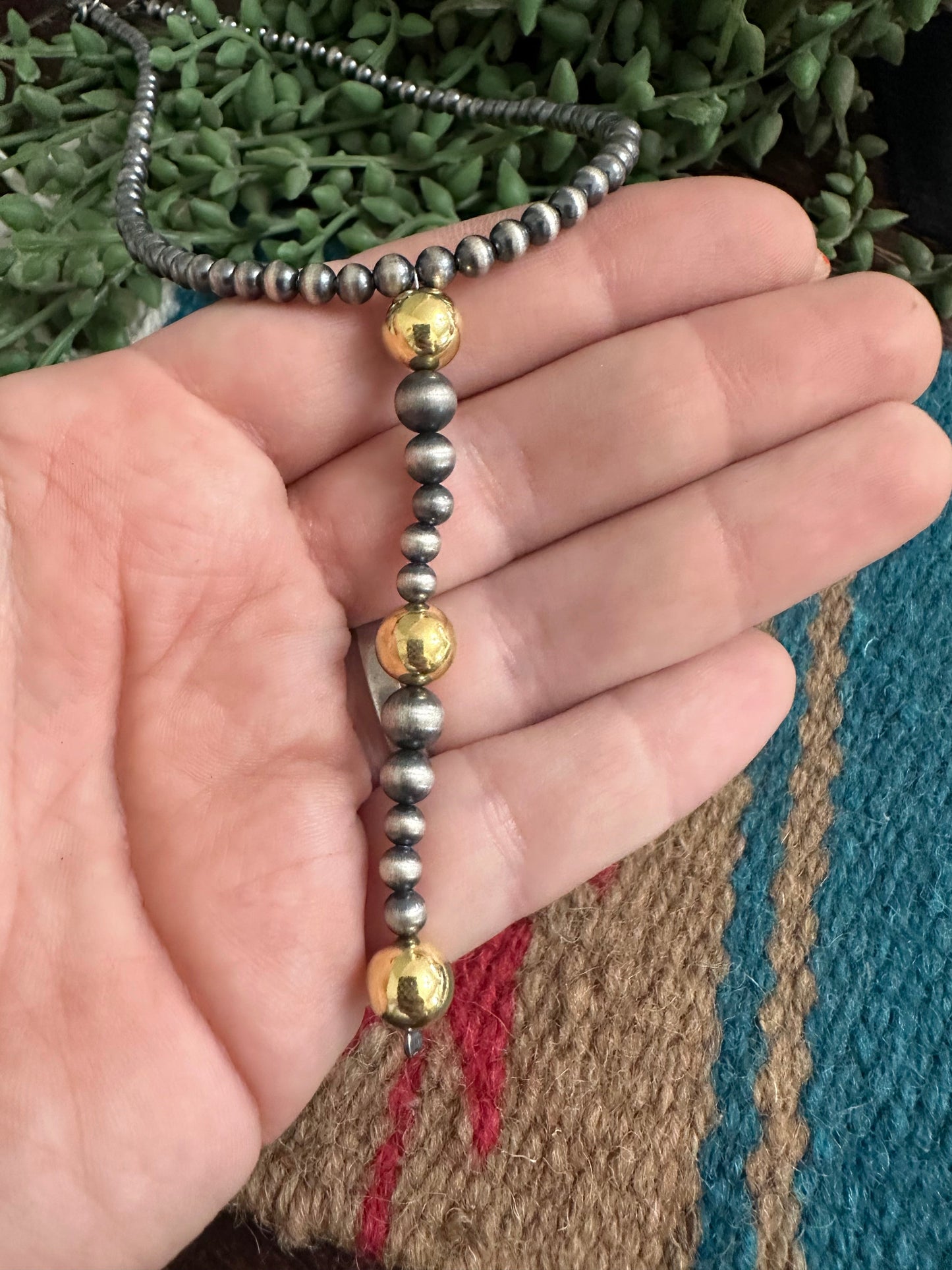 Handmade Handcrafted Pearl Style Sterling Silver Gold Bead Beaded 16” Necklace