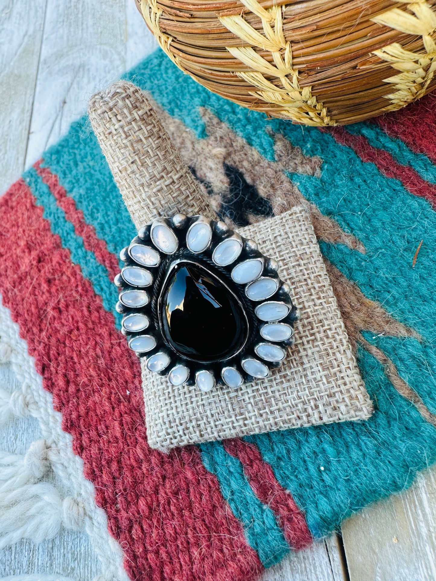 Hand Crafted Mother of Pearl, Onyx & Sterling Silver Cluster Adjustable Ring