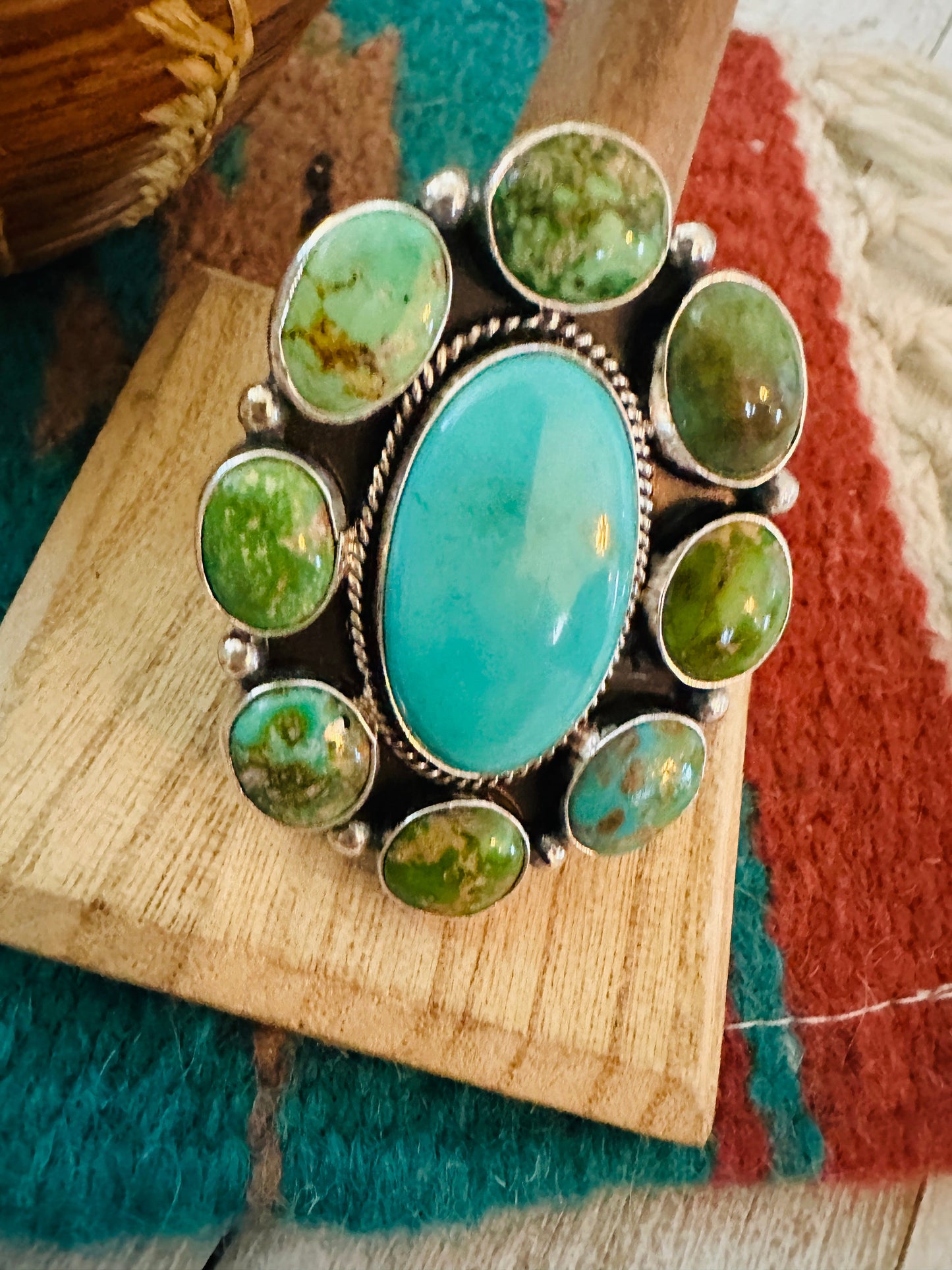 Handcrafted Sterling Silver & Multi Turquoise Cluster Adjustable Ring