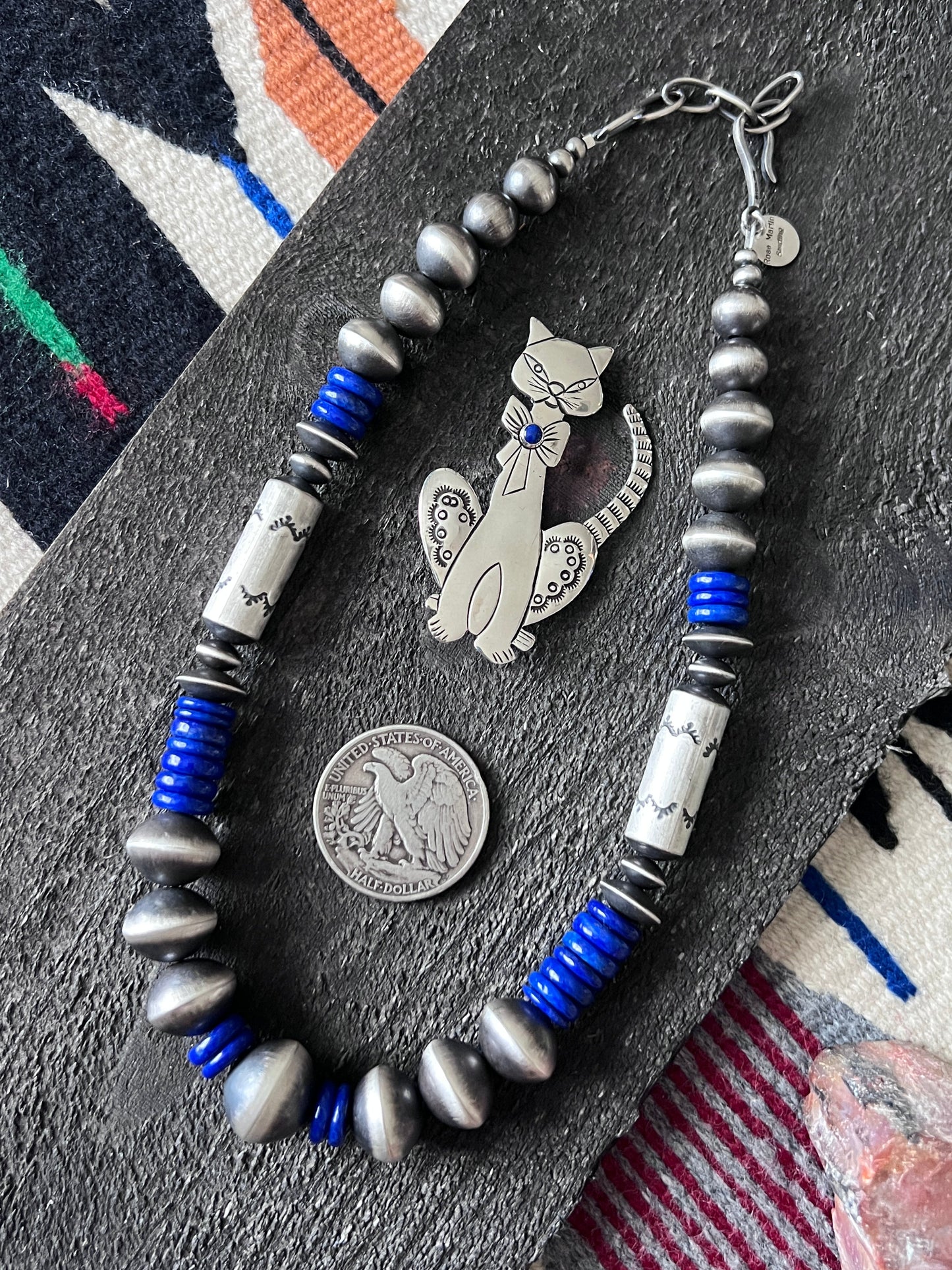 Handcrafted Sterling Silver and Lapis Lazuli Single Strand Beaded Statement Necklace by Rose Martin, 16” + 2”
