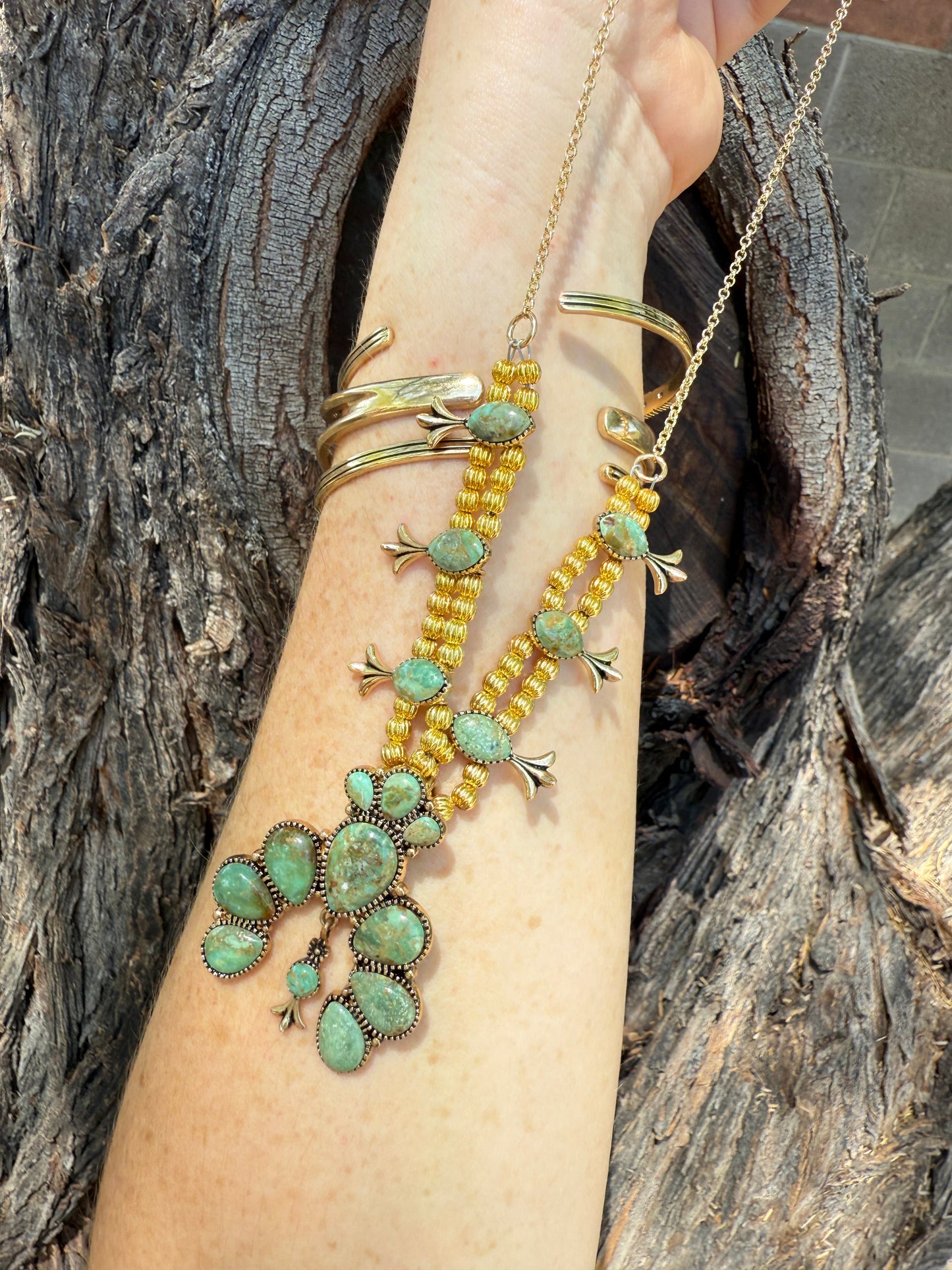 “The Golden Collection” SQUASH BLOSSOM Handmade Turquoise Gold Plated Necklace