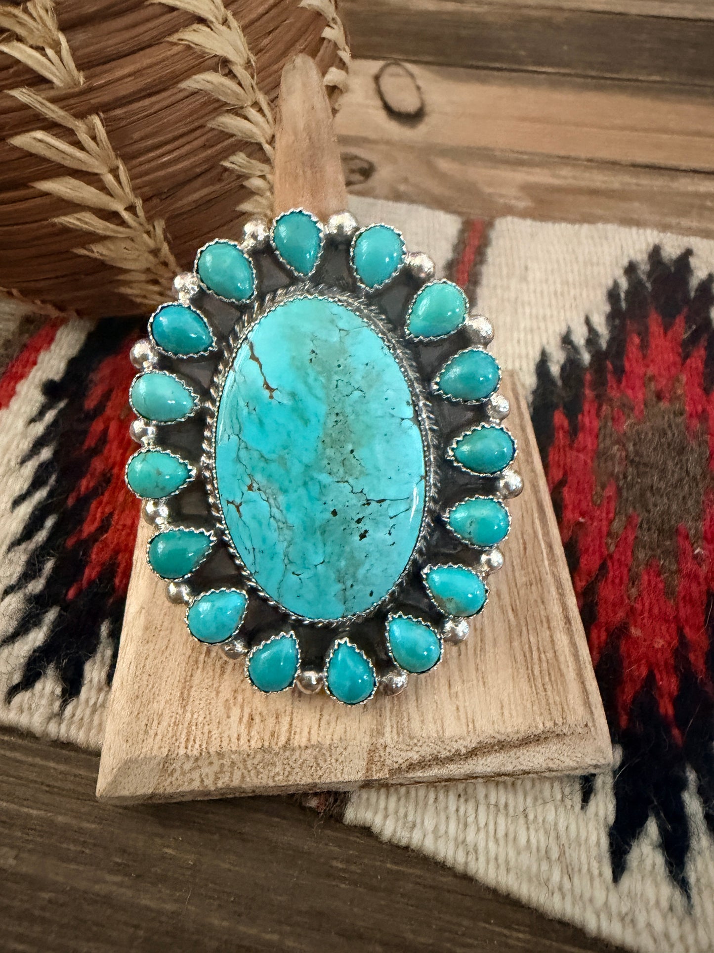 Handcrafted Kingman Turquoise & Sterling Silver Cluster Adjustable Ring