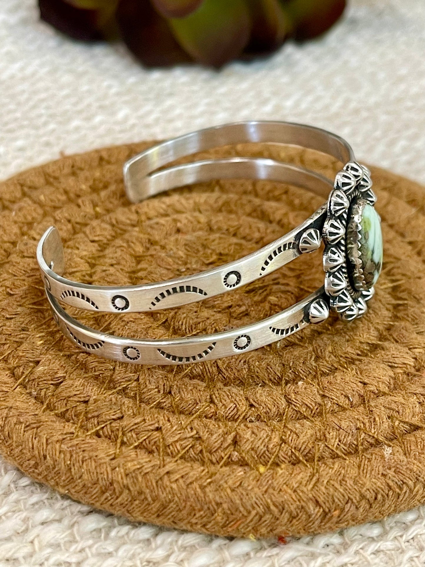 Handmade Sterling Silver Palomino Turquoise Cuff Bracelet with Signed Nizhoni