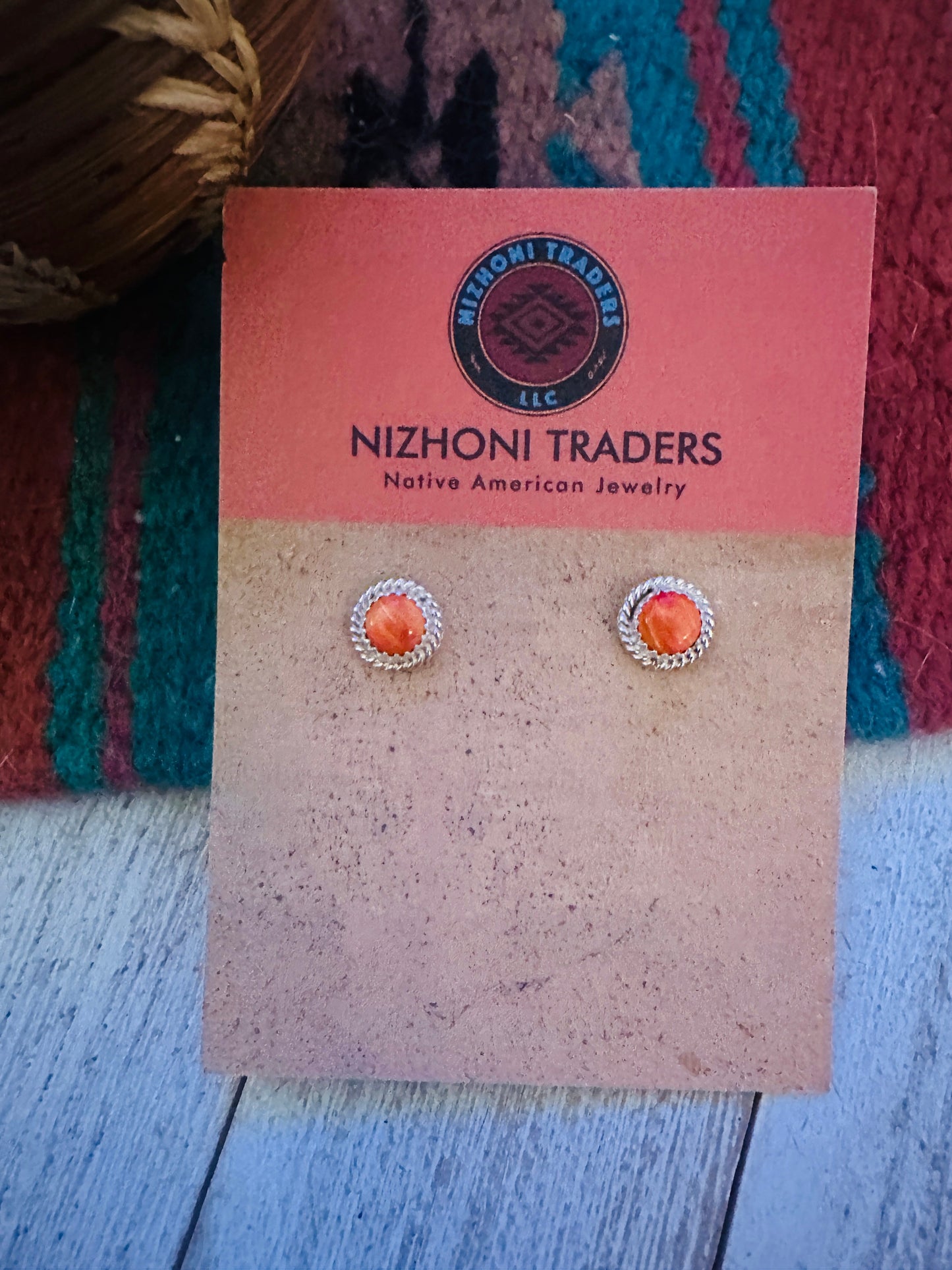 Navajo Orange Spiny and Sterling Silver Stud Earrings