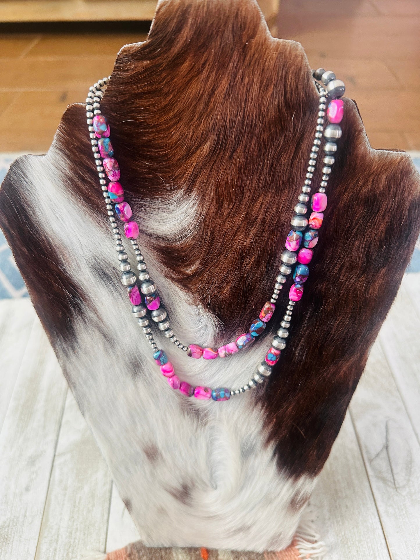 Handcrafted Sterling Silver & Pink Dream Mojave Beaded 36” Necklace