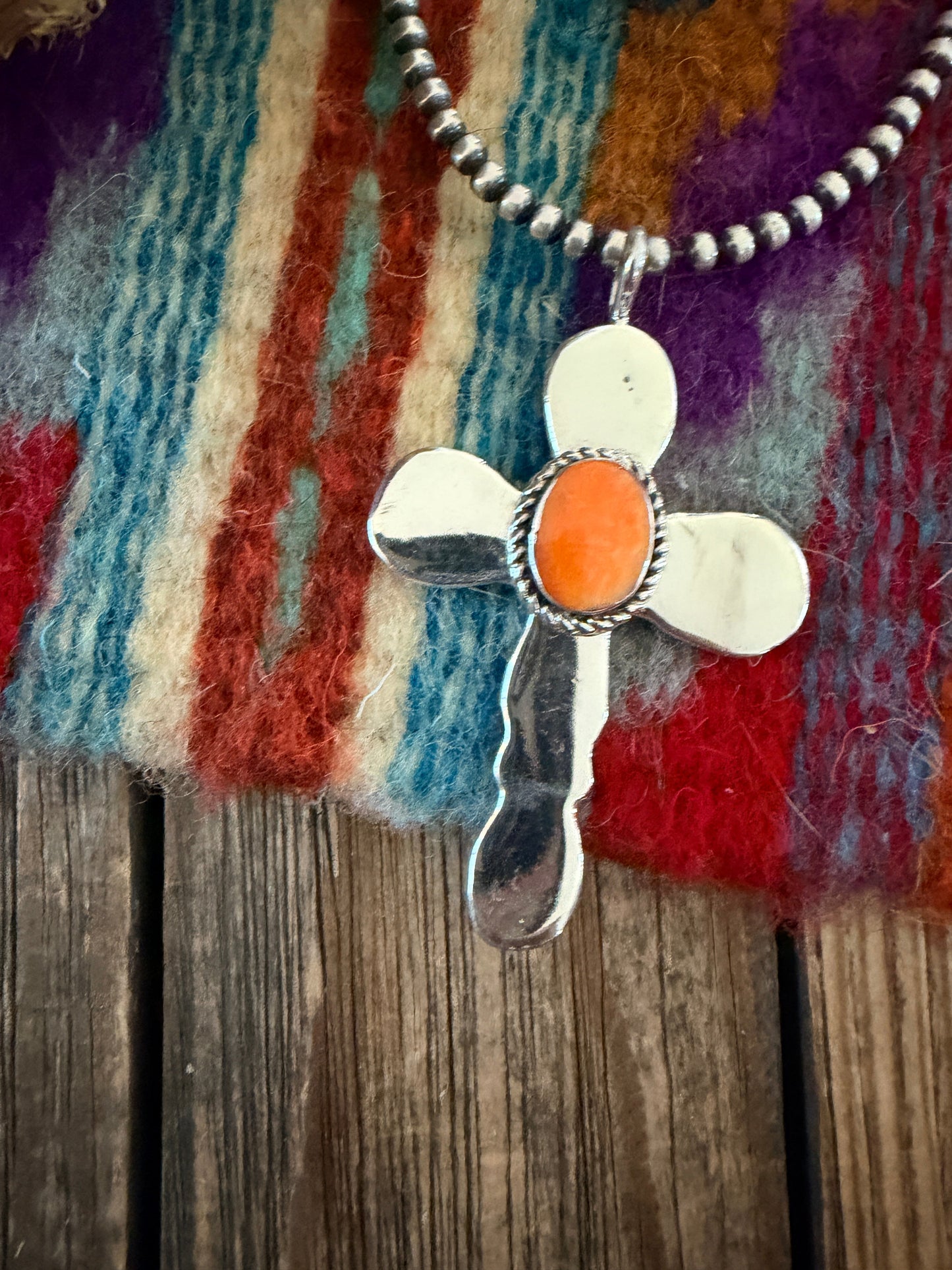 Handcrafted Sterling Silver & Spiny Oyster Cross Pendant by Joseph Martinez