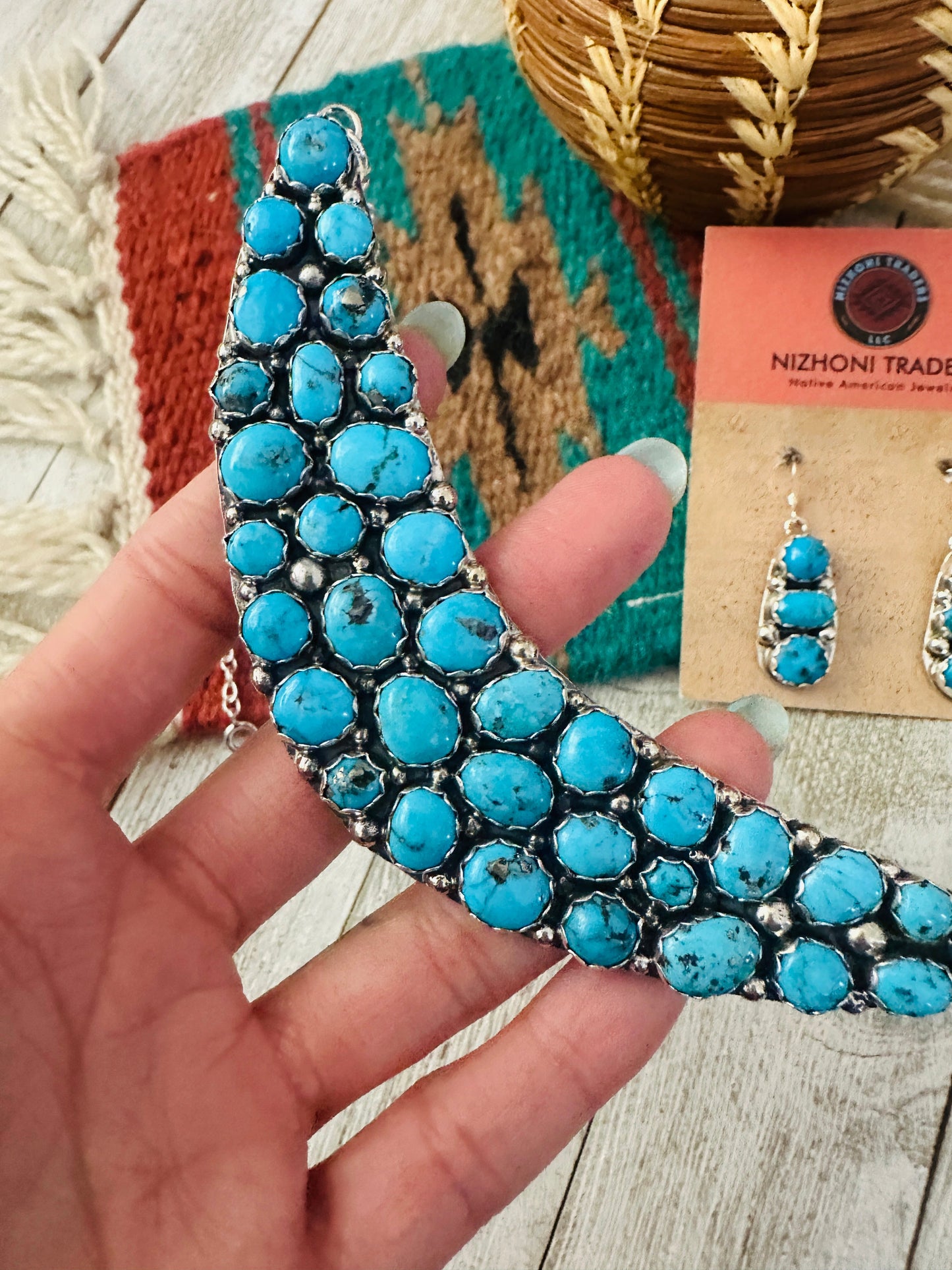 Handcrafted Sterling Silver & Turquoise Cluster Necklace and Earring Set