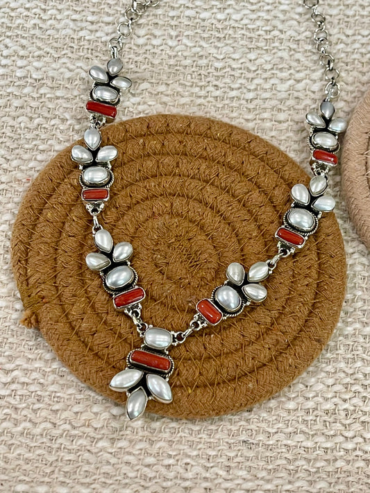 ** 4TH OF JULY ** Handmade Sterling , Silver Synthetic Opal & Coral Necklace, Earring & Ring Set with Signed Nizhoni