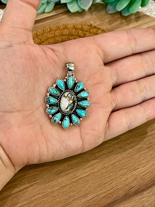 Handmade Sterling Silver,Turquoise &  White Buffalo Mojave Cluster Pendant