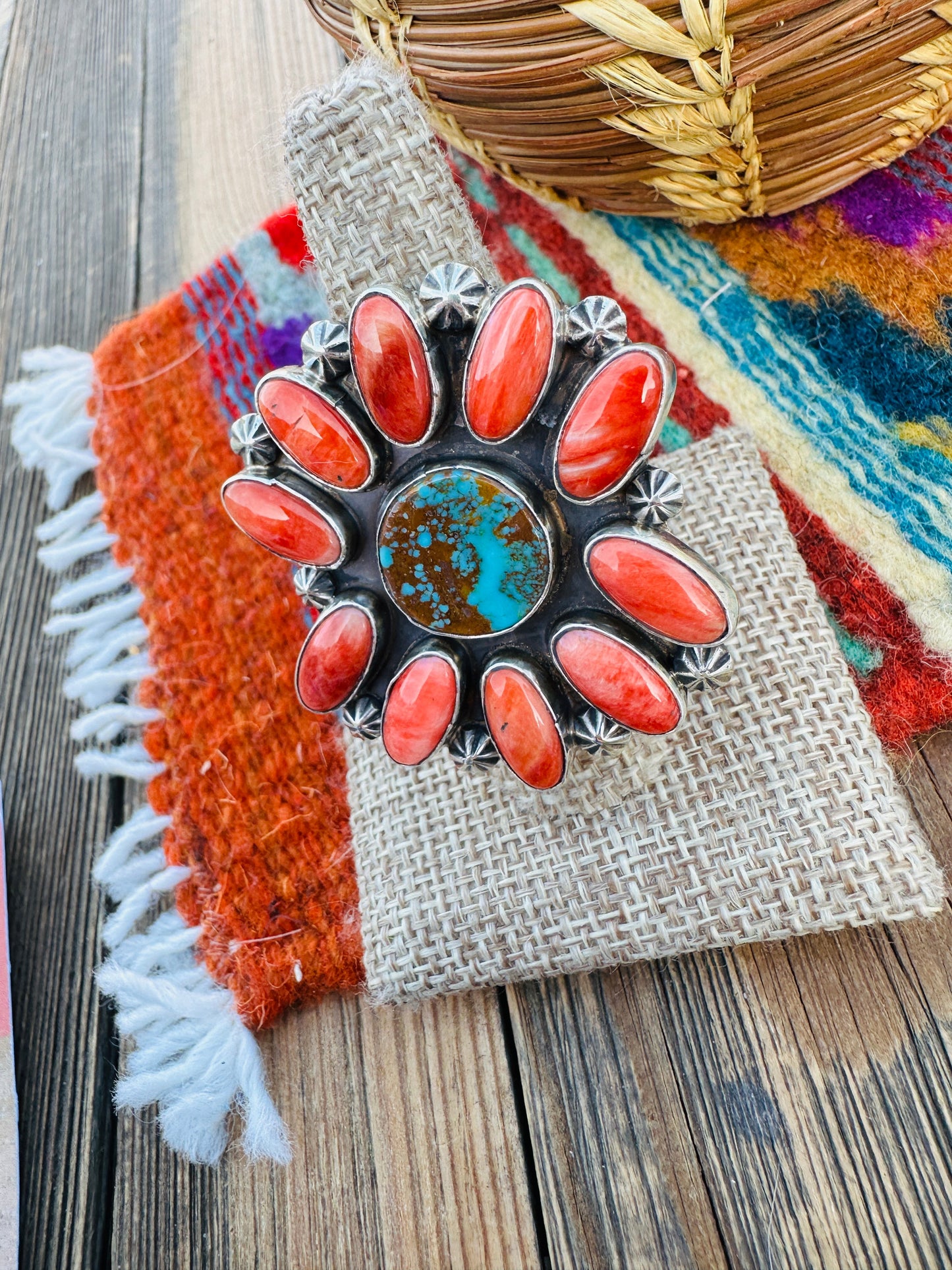 Handcrafted Spiny, Turquoise & Sterling Silver Adjustable Cluster Ring by Jacqueline Silver