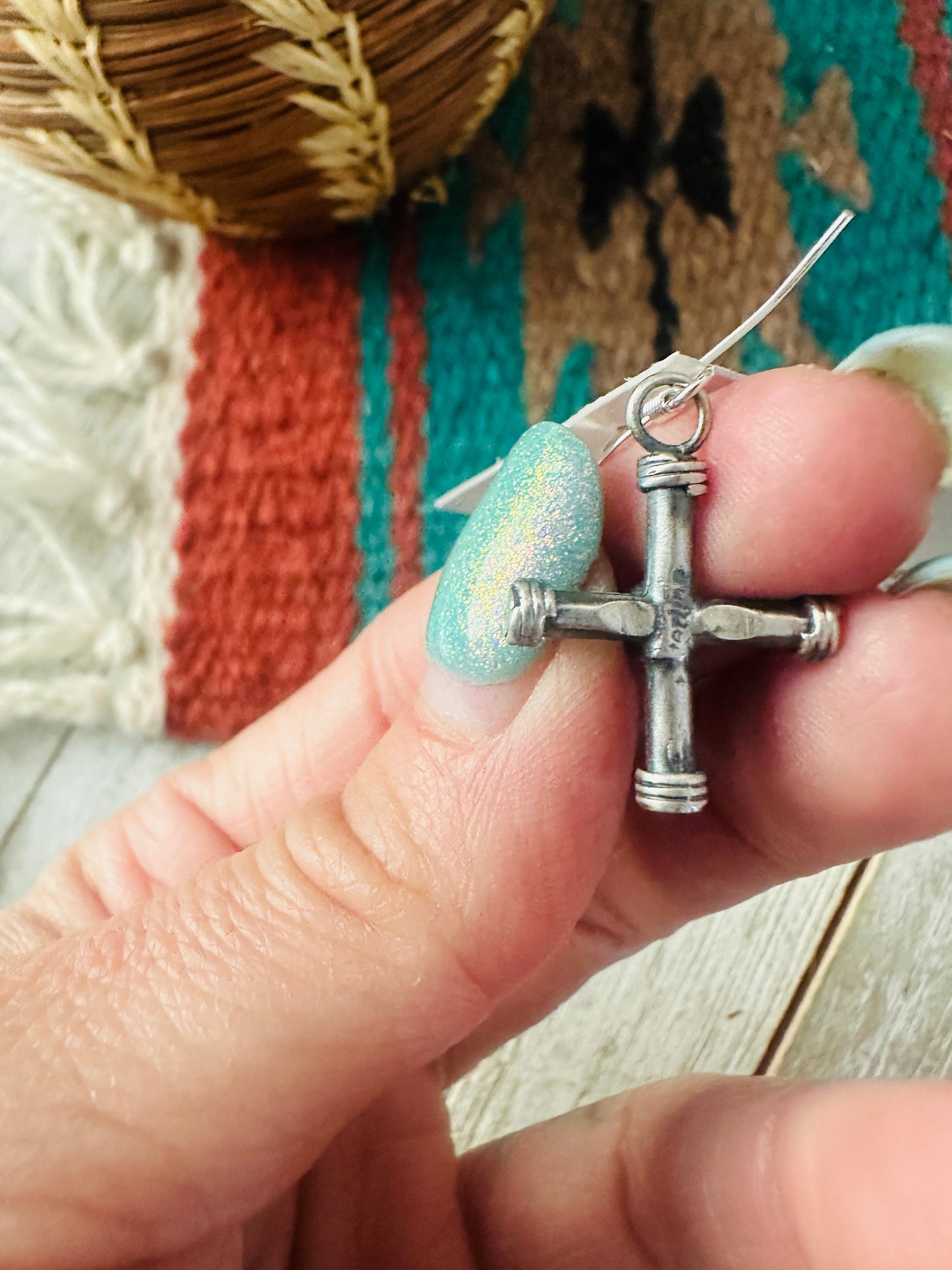 Handcrafted Sterling Silver & Orange Spiny Cross Dangle Earrings