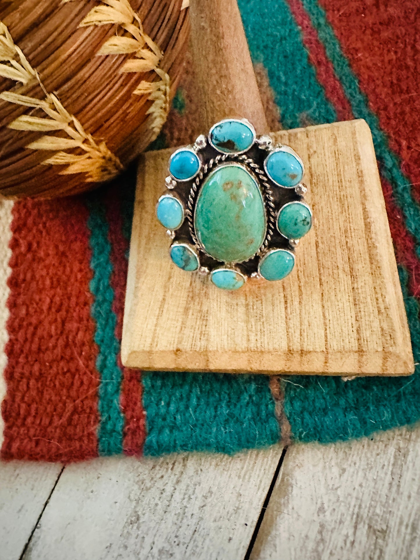 Handcrafted Sterling Silver & Turquoise Cluster Adjustable Ring
