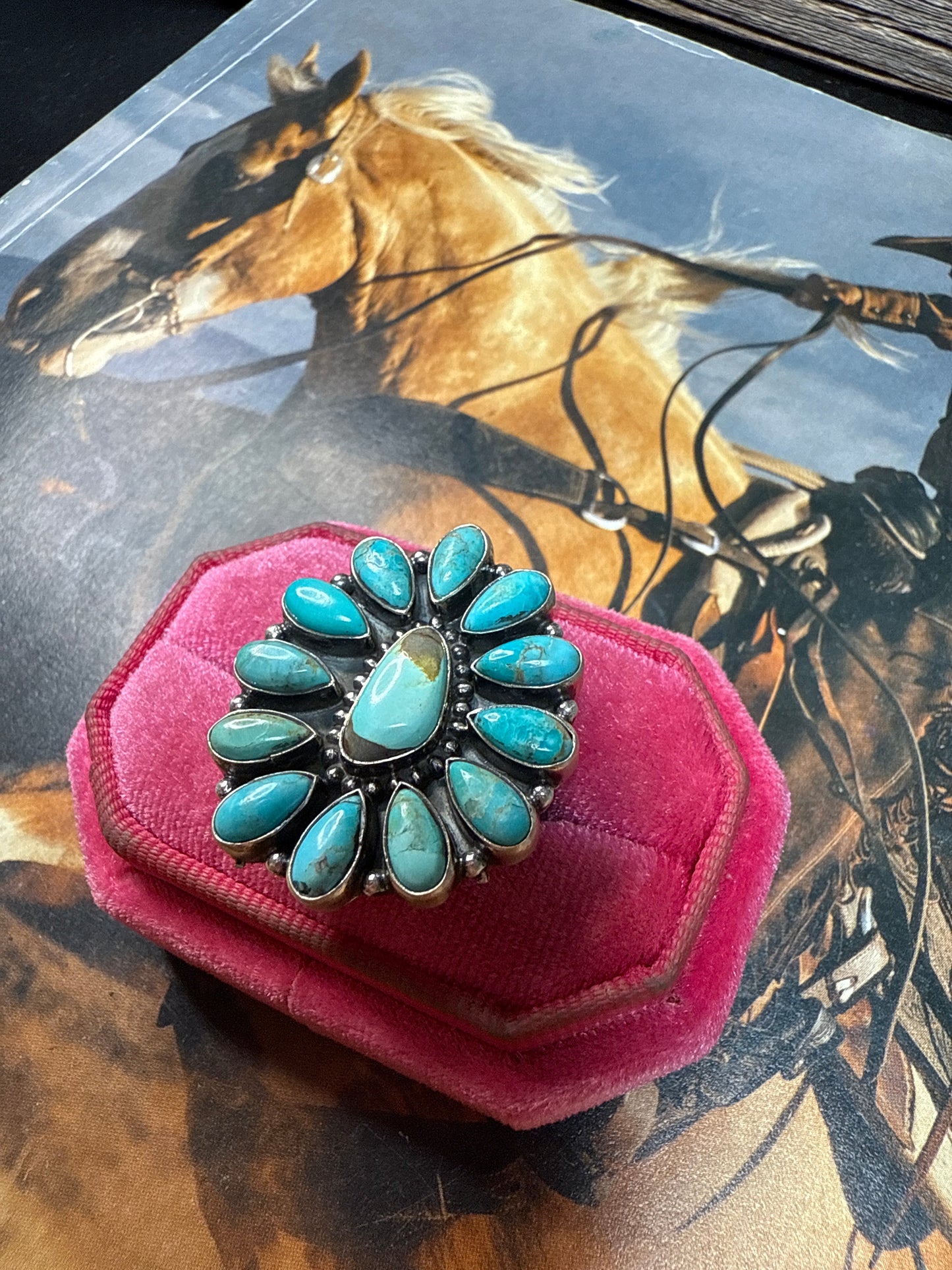 Handmade Sterling Silver, Kingman Turquoise, Ribbon Turquoise Adjustable Ring