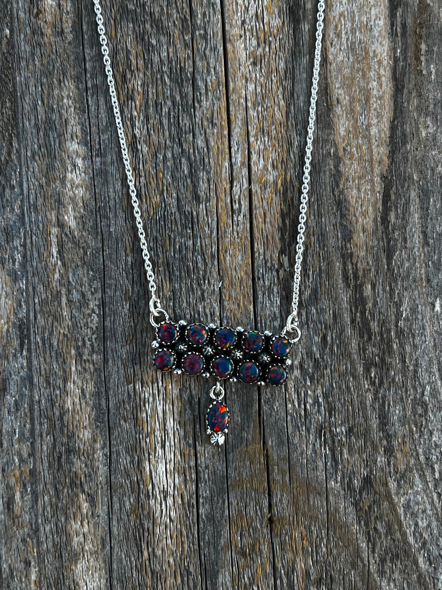 Handmade Sterling Silver & Fire Blue Opal Tear Drop Dangle, Bar Necklace