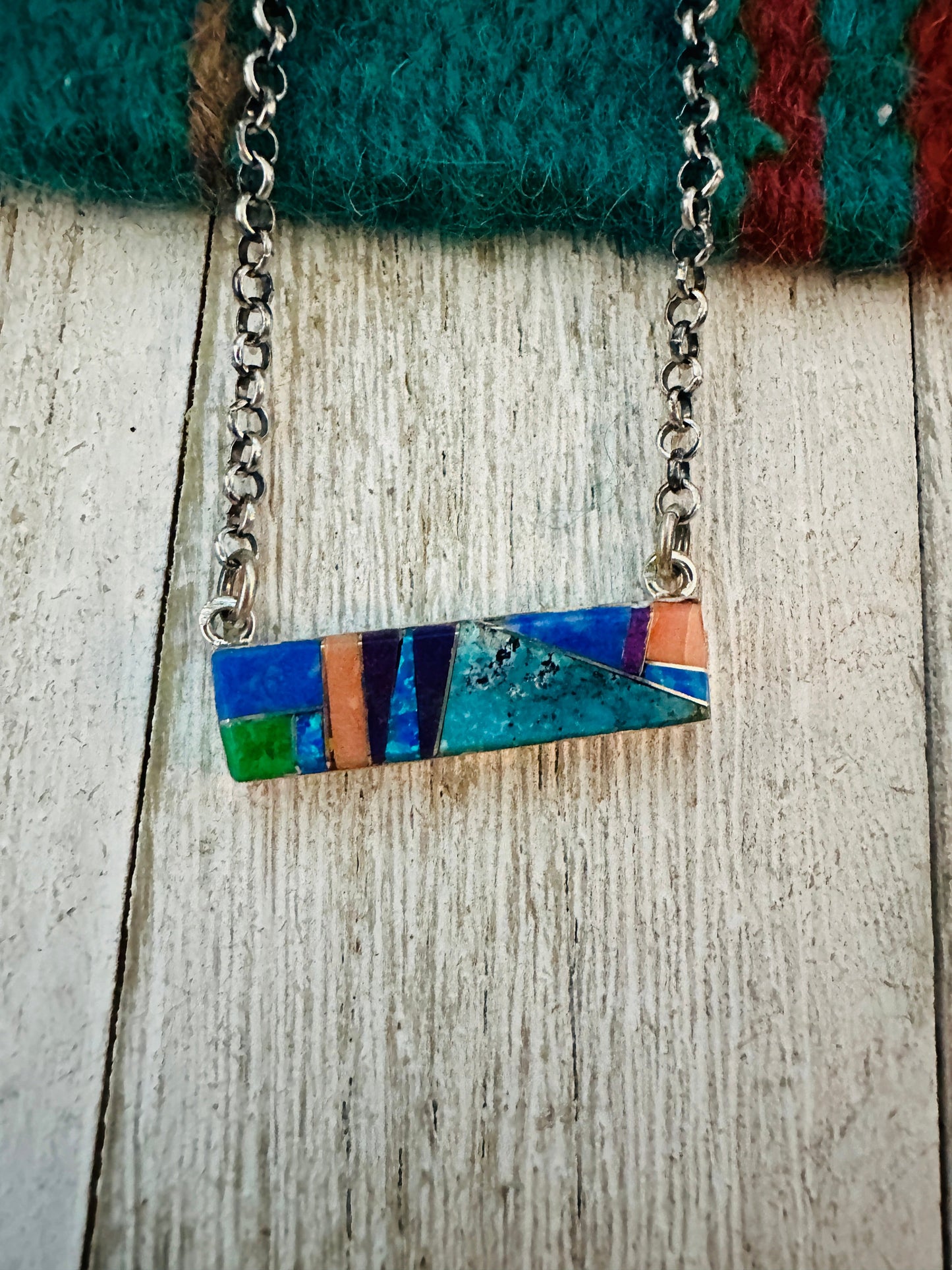 Handcrafted Multi Stone & Sterling Silver Inlay Bar Necklace