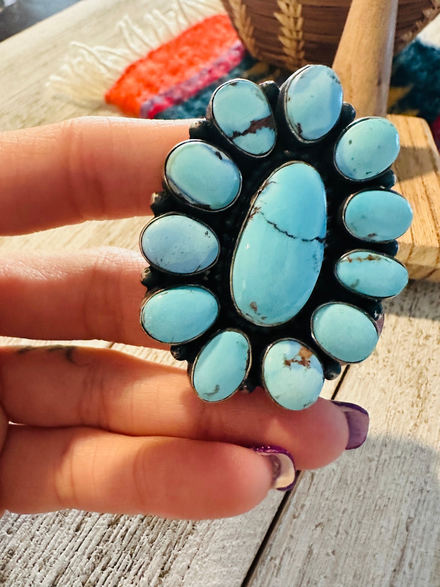 Handcrafted Golden Hills Turquoise & Sterling Silver Cluster Ring by Blaine Yellowhorse, Size 7
