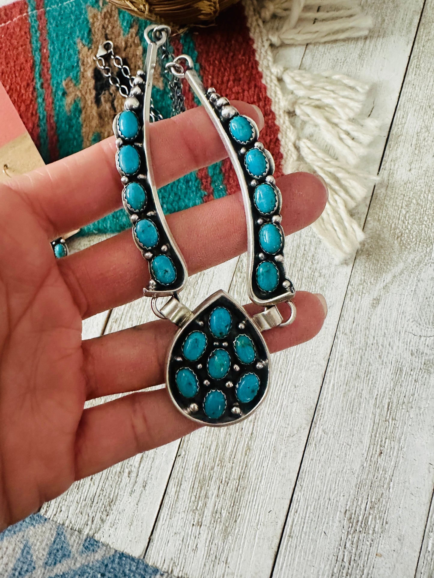 Handcrafted Sterling Silver & Turquoise Cluster Necklace and Earring Set