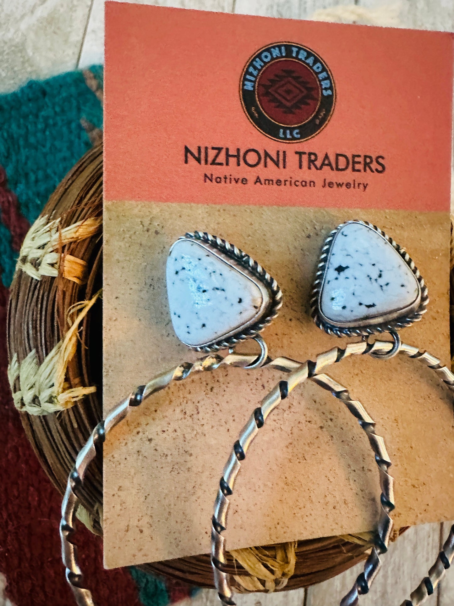 Handcrafted White Buffalo and Sterling Silver Dangle Hoop Earrings