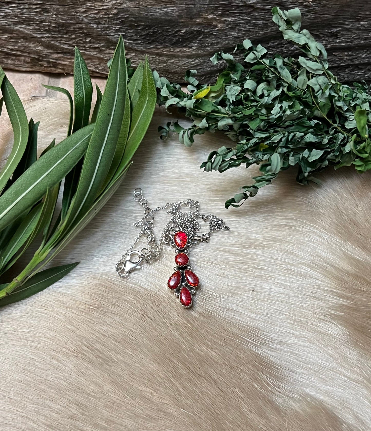 Handmade Fire Red Opal Tear Drop Cluster Sterling Silver Necklace