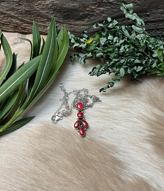 Handmade Fire Red Opal Tear Drop Cluster Sterling Silver Necklace