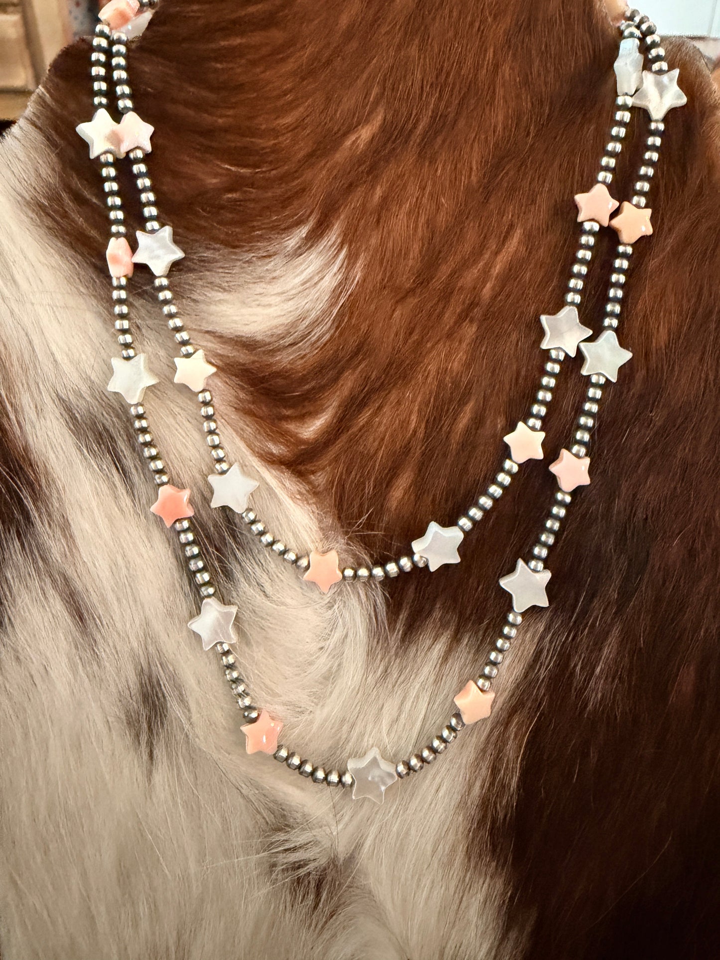 Handcrafted Mother of Pearl Star and Sterling Silver Pearl Beaded Necklace