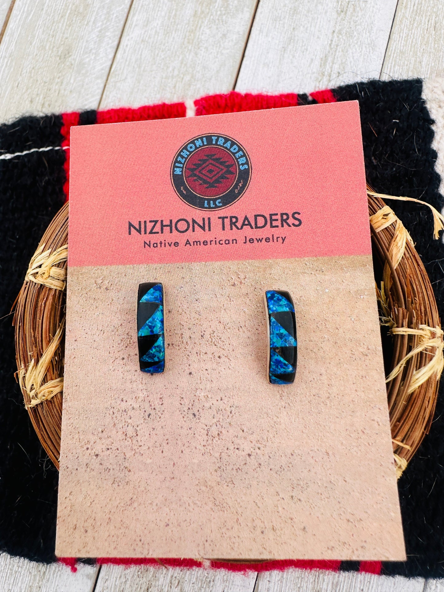 Handcrafted Opal, Onyx & Sterling Silver Inlay Hoop Earrings