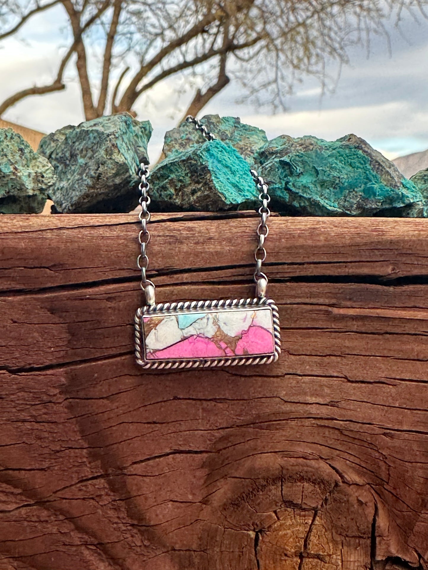 Handcrafted Cotton Candy Sterling Silver Handmade Bar Necklace