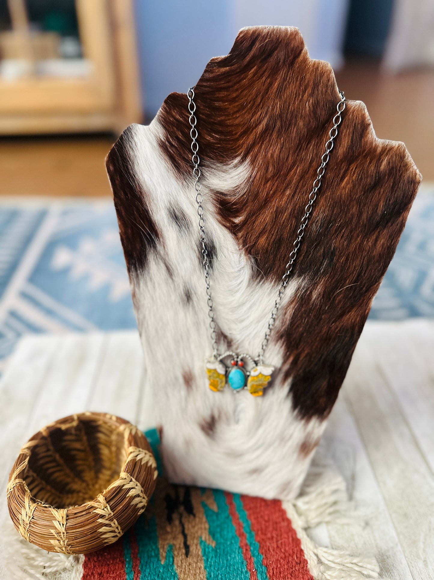 Handcrafted Sterling Silver, Bumblebee, Turquoise & Coral Butterfly Necklace by Patrick Yazzie