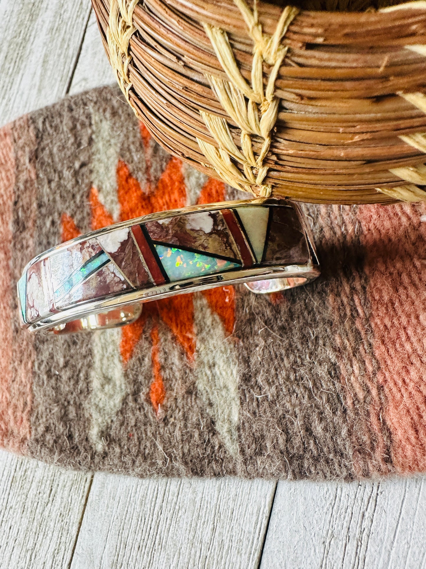 Handcrafted Multi Stone & Sterling Silver Inlay Cuff Bracelet