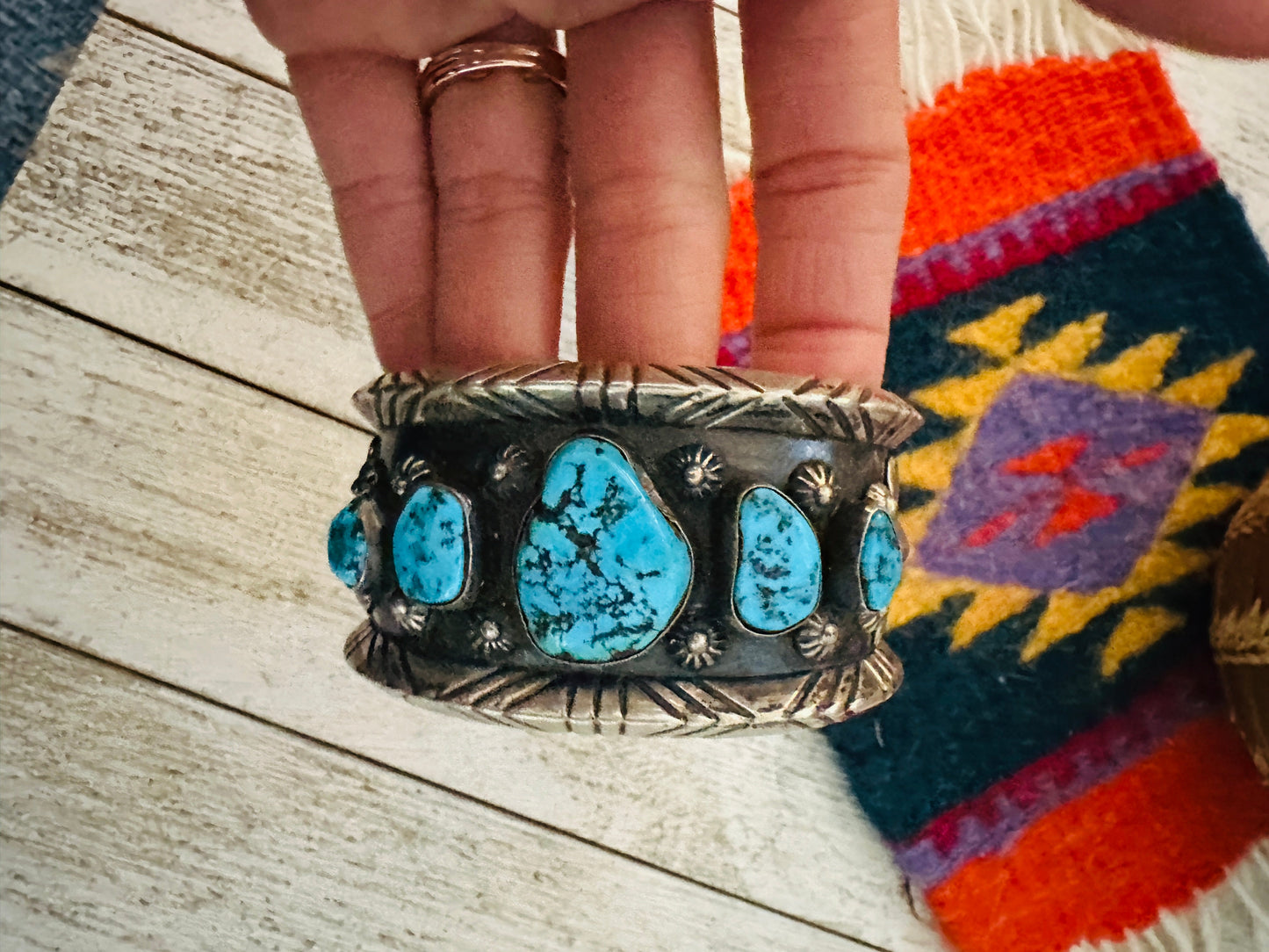 Old Pawn Handcrafted Sterling Silver & Kingman Turquoise Cuff Bracelet /