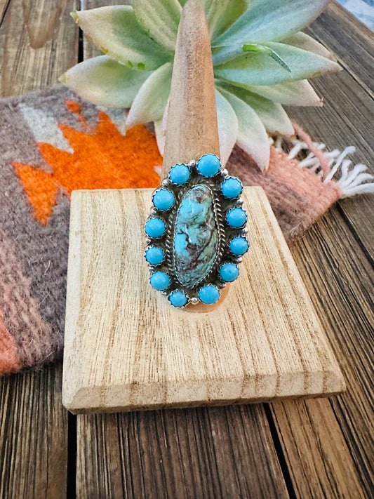 Handcrafted Sterling Silver And Turquoise Cluster Ring Size 9