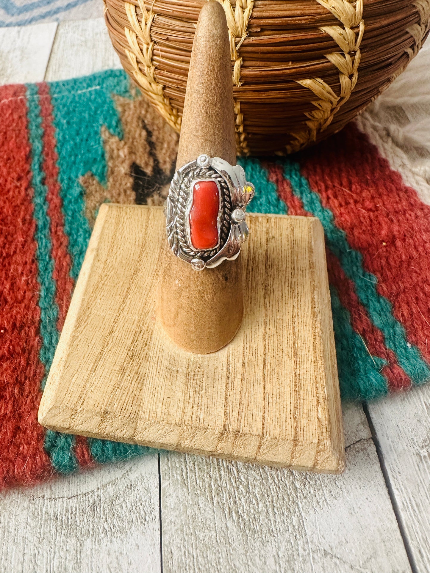 Handcrafted Coral & Sterling Silver Ring Size 5.5