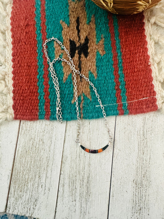 Handcrafted Sterling Silver, Onyx & Spiny Inlay Crescent Necklace