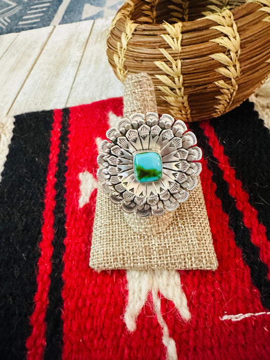 Handcrafted Hand Stamped Sterling Silver & Turquoise Adjustable Ring by Leroy James