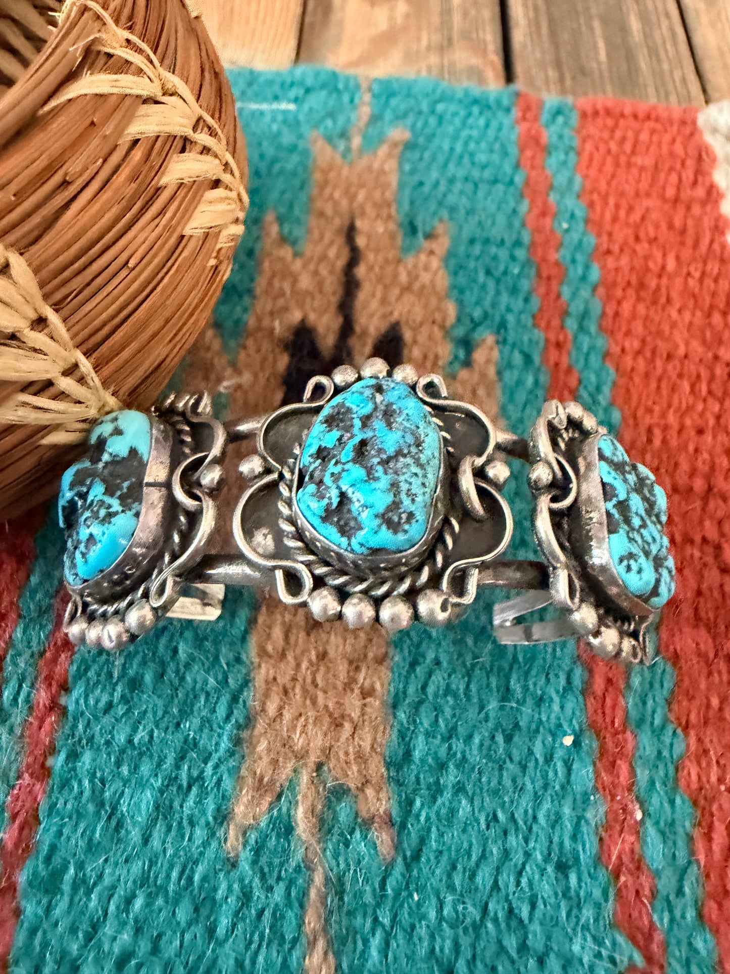 Handcrafted Old Pawn Sterling Silver & Kingman Turquoise Cuff Bracelet
