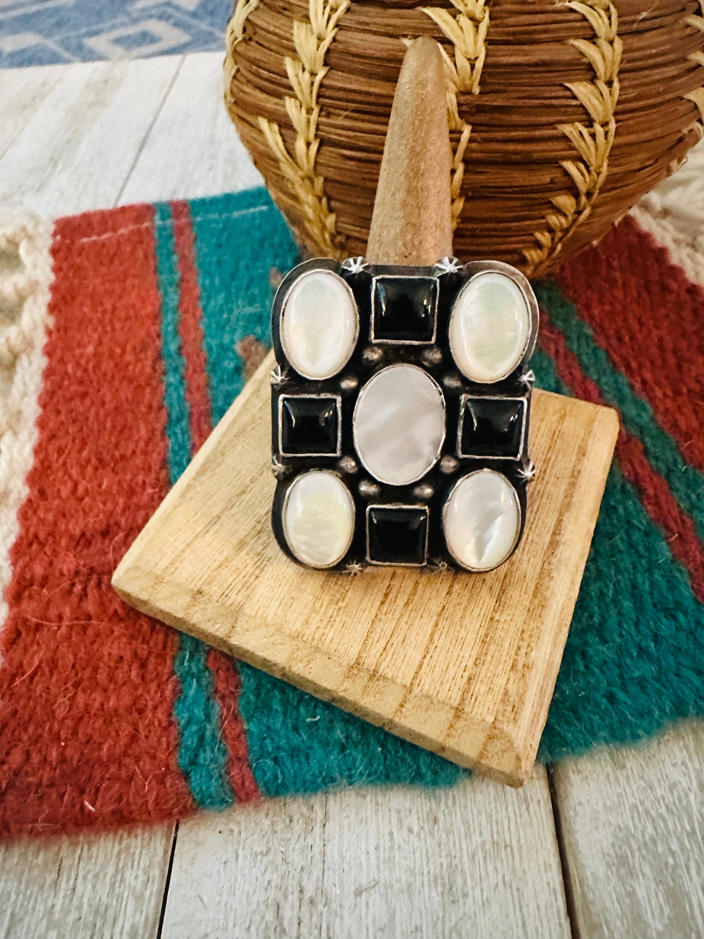 Handcrafted Sterling Silver, Onyx & Mother of Pearl Cluster Adjustable Ring by Charles Johnson